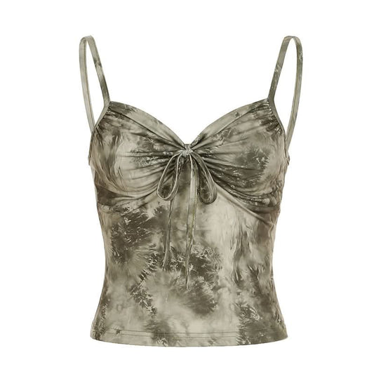 Ruched v neck print backless cami top