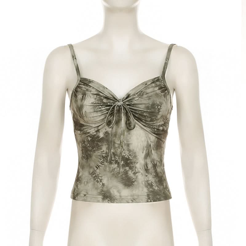 Ruched v neck print backless cami top