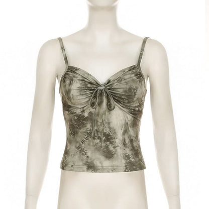 Ruched v neck print backless cami top