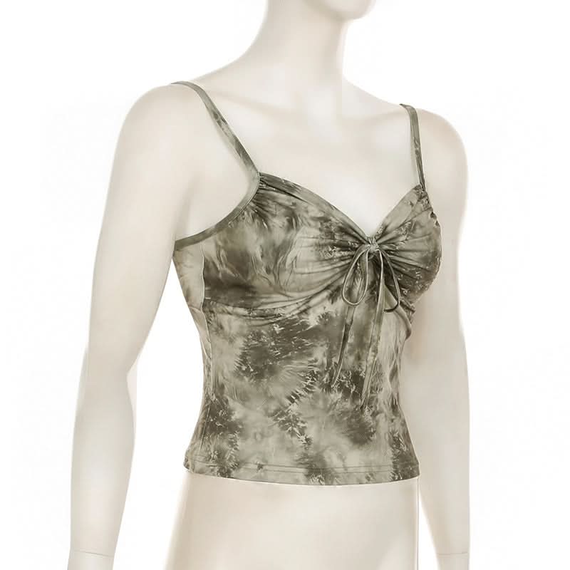 Ruched v neck print backless cami top