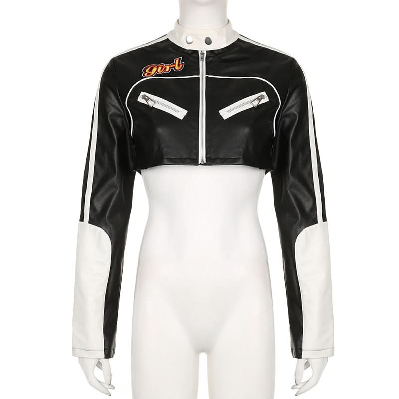 Long sleeve zip-up button PU leather high neck top