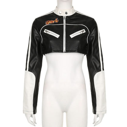 Long sleeve zip-up button PU leather high neck top