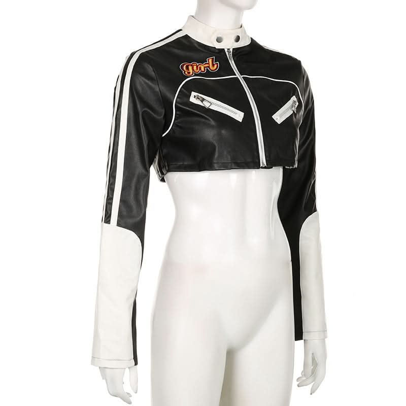 Long sleeve zip-up button PU leather high neck top