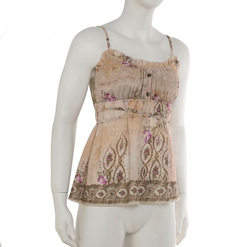 Ruched u neck ruffle print self tie cami top