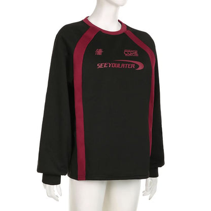 Long sleeve crewneck letter pattern contrast top