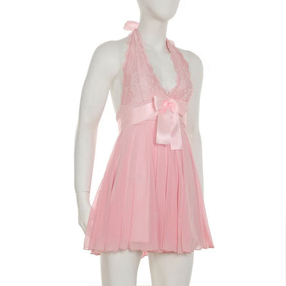 Bowknot halter lace hem deep V neck mesh mini dress