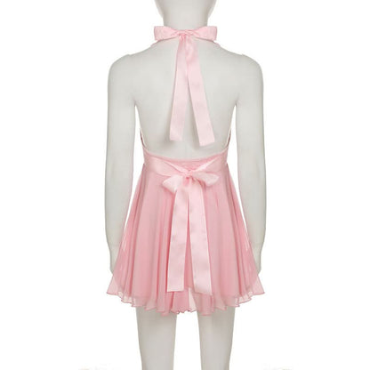 Bowknot halter lace hem deep V neck mesh mini dress