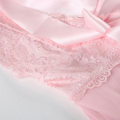 Bowknot halter lace hem deep V neck mesh mini dress