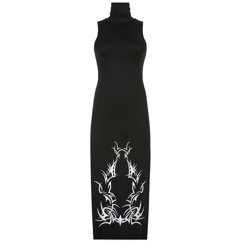High neck slit abstract contrast midi dress