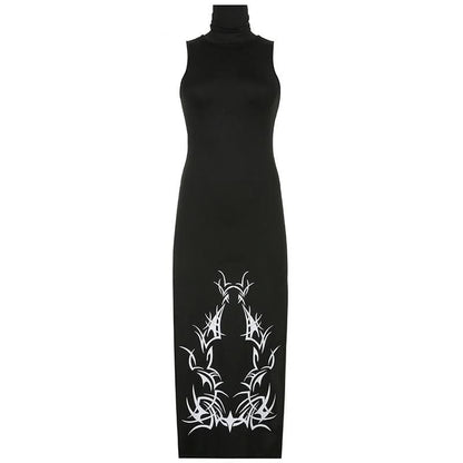 High neck slit abstract contrast midi dress