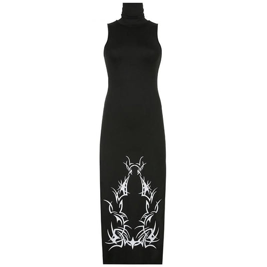 High neck slit abstract contrast midi dress