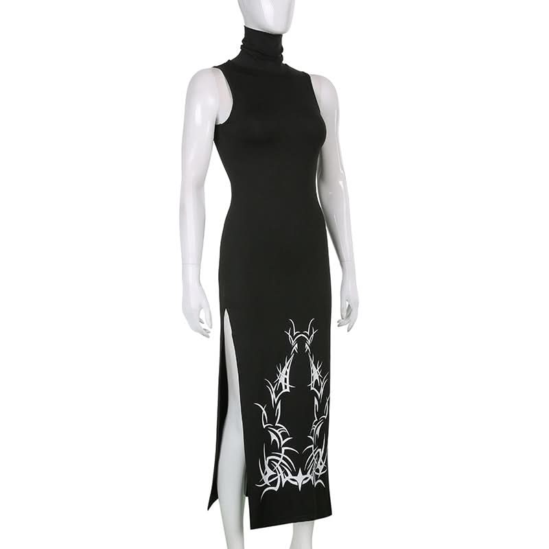 High neck slit abstract contrast midi dress