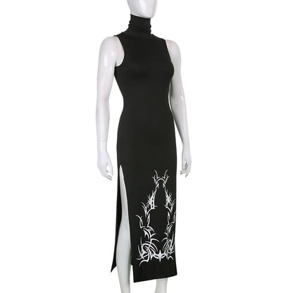 High neck slit abstract contrast midi dress