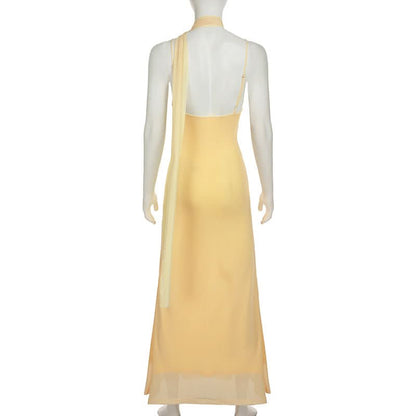 Irregular mesh halter flower pattern maxi dress