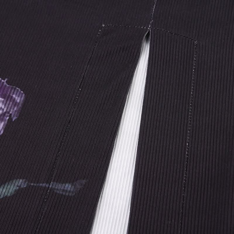 Zip-up slit ribbed flower print contrast midi dress