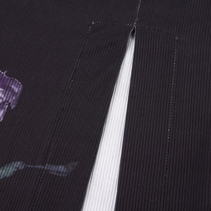 Zip-up slit ribbed flower print contrast midi dress