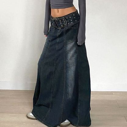 Denim button zip-up hollow out belt cut out maxi skirt