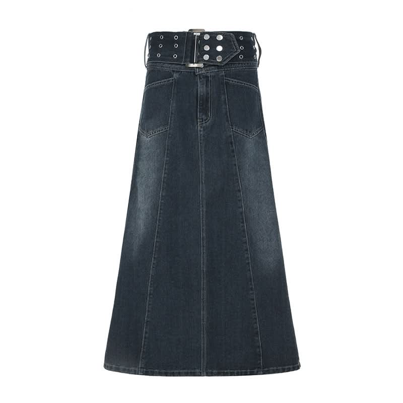 Denim button zip-up hollow out belt cut out maxi skirt