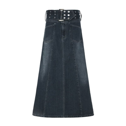 Denim button zip-up hollow out belt cut out maxi skirt