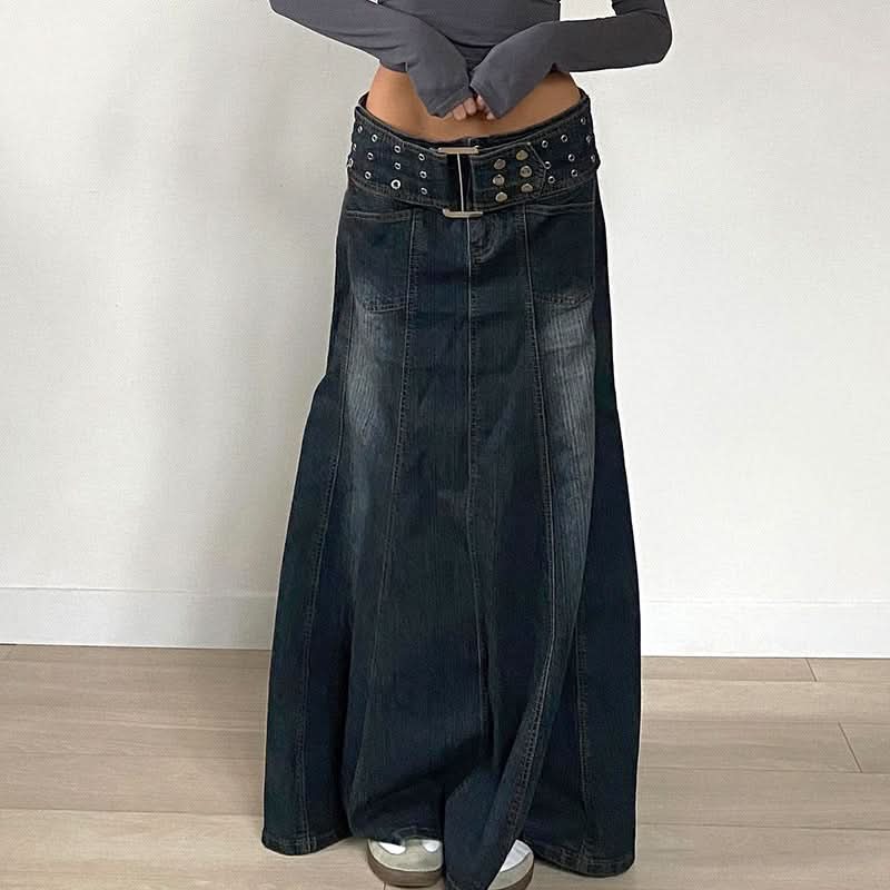 Denim button zip-up hollow out belt cut out maxi skirt