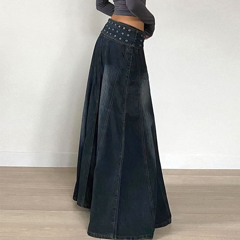 Denim button zip-up hollow out belt cut out maxi skirt