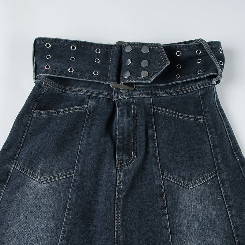 Denim button zip-up hollow out belt cut out maxi skirt