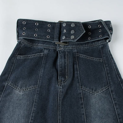 Denim button zip-up hollow out belt cut out maxi skirt