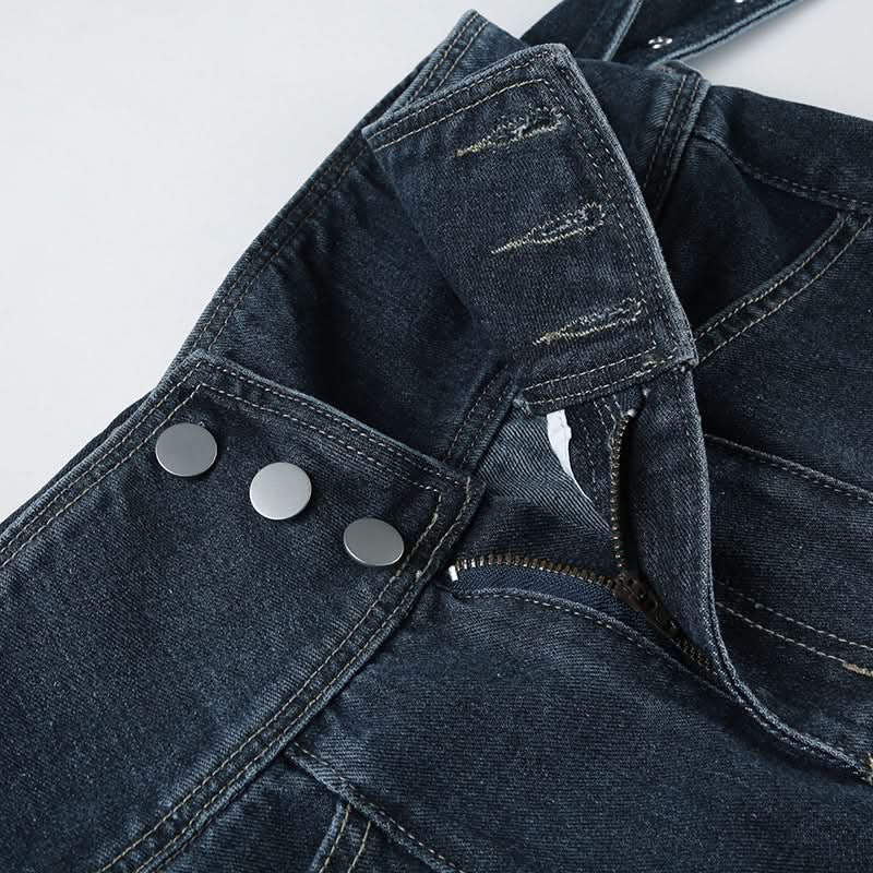 Denim button zip-up hollow out belt cut out maxi skirt