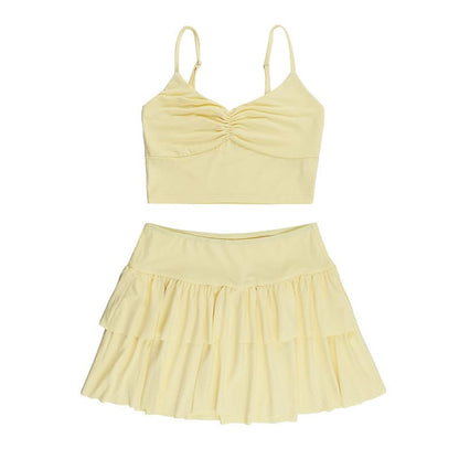 Ruched ruffle cami mini skirt set
