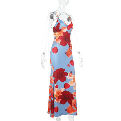 Cross back flower print self tie cami maxi dress