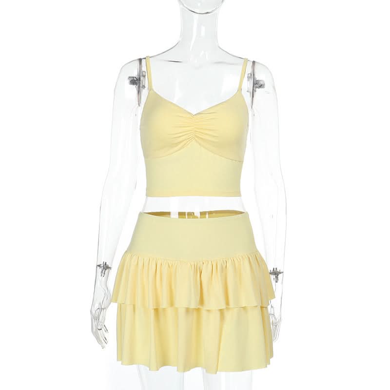 Ruched ruffle cami mini skirt set