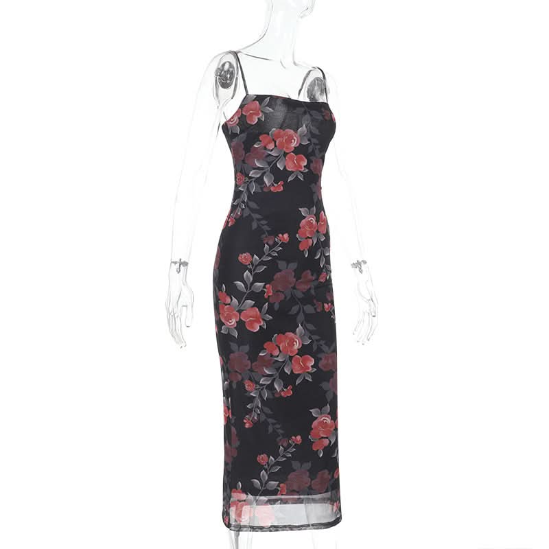 Flower print mesh cami maxi dress