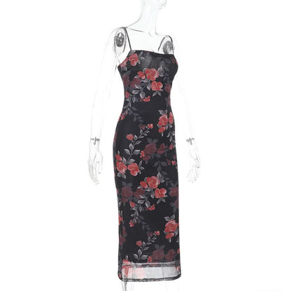 Flower print mesh cami maxi dress
