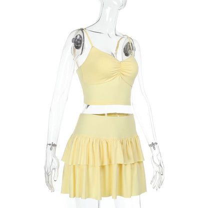 Ruched ruffle cami mini skirt set