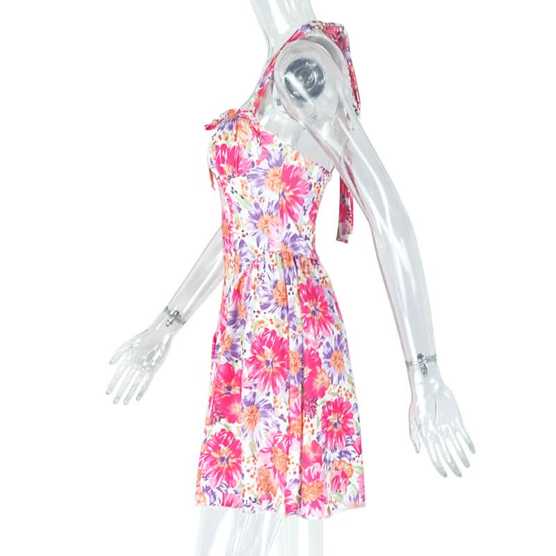 Halter flower print ruched mini dress