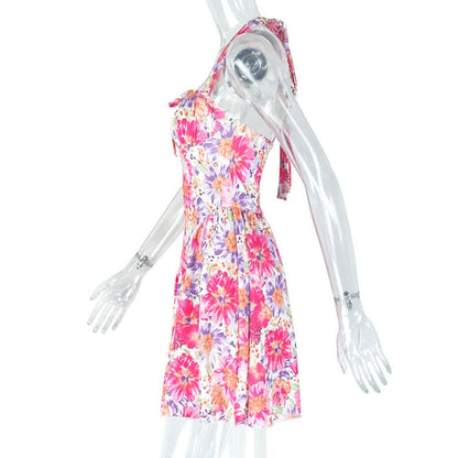 Halter flower print ruched mini dress