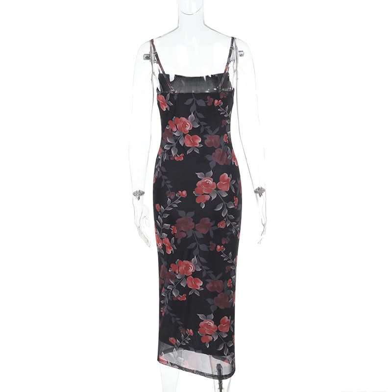 Flower print mesh cami maxi dress