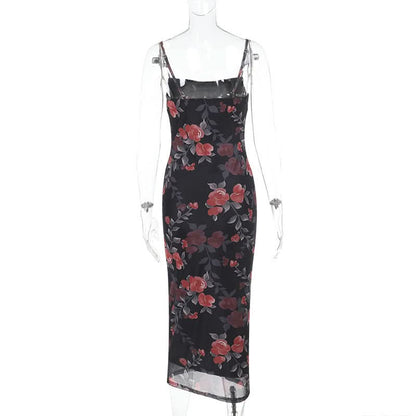 Flower print mesh cami maxi dress