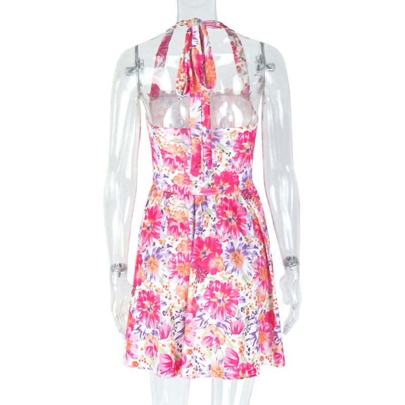Halter flower print ruched mini dress