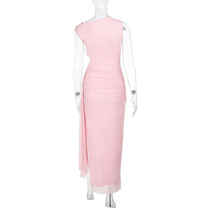 Off shoulder mesh slit ruched maxi dress