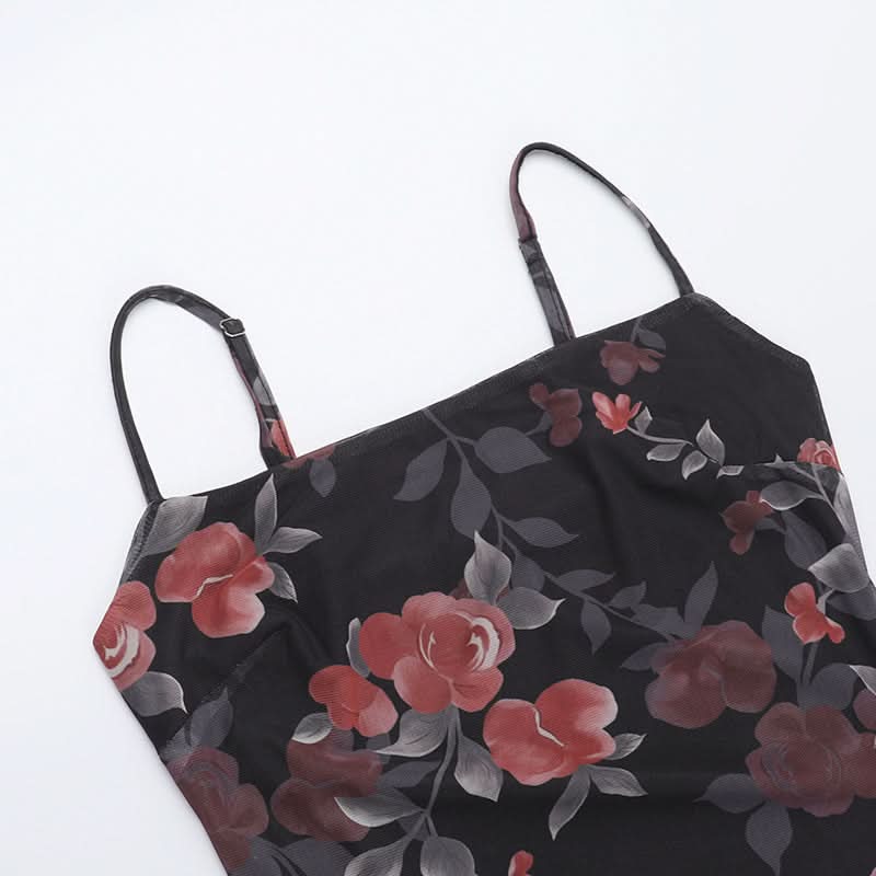 Flower print mesh cami maxi dress