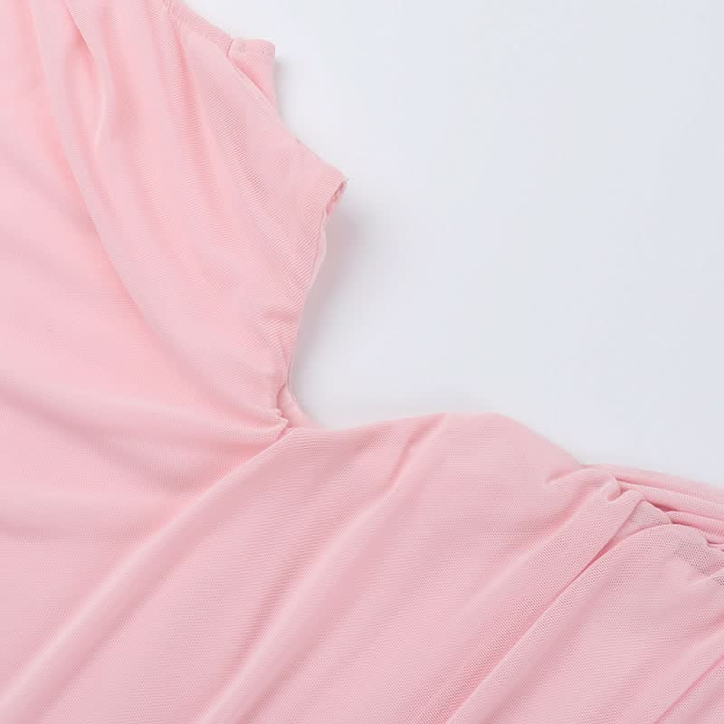 Off shoulder mesh slit ruched maxi dress