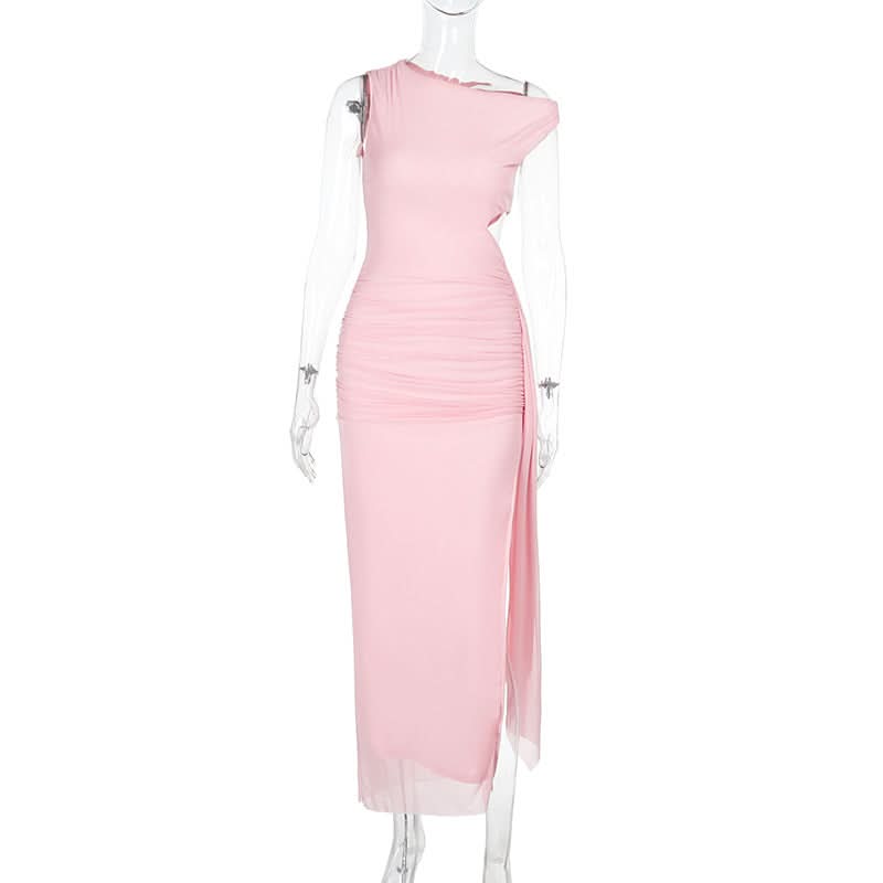 Off shoulder mesh slit ruched maxi dress