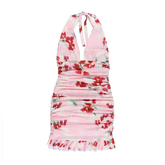 Halter v neck flower print ruched mini dress