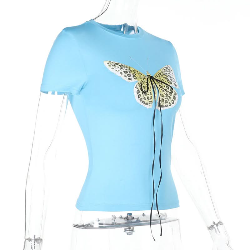 Crewneck short sleeve butterfly print top