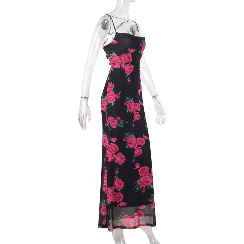 Flower print cross back mesh cami maxi dress