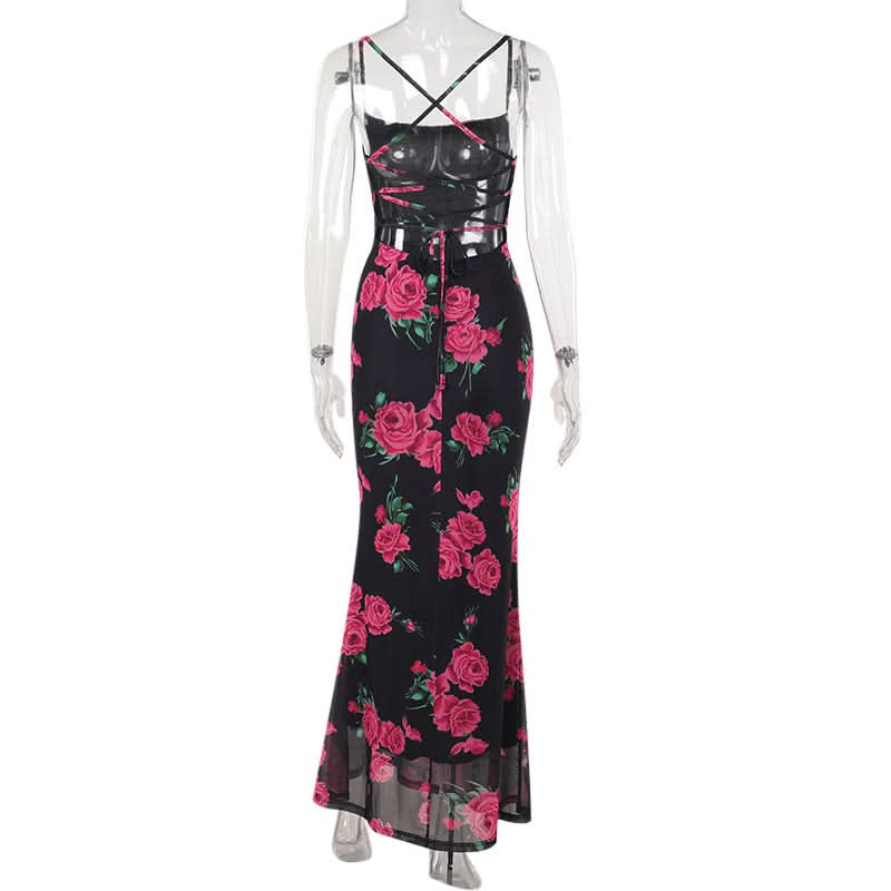 Flower print cross back mesh cami maxi dress