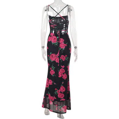 Flower print cross back mesh cami maxi dress