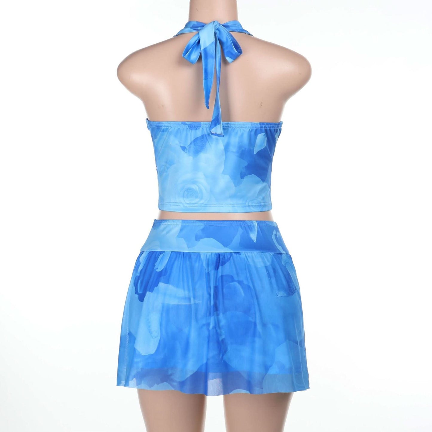 Halter v neck flower print mini skirt set