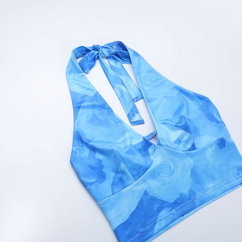 Halter v neck flower print mini skirt set